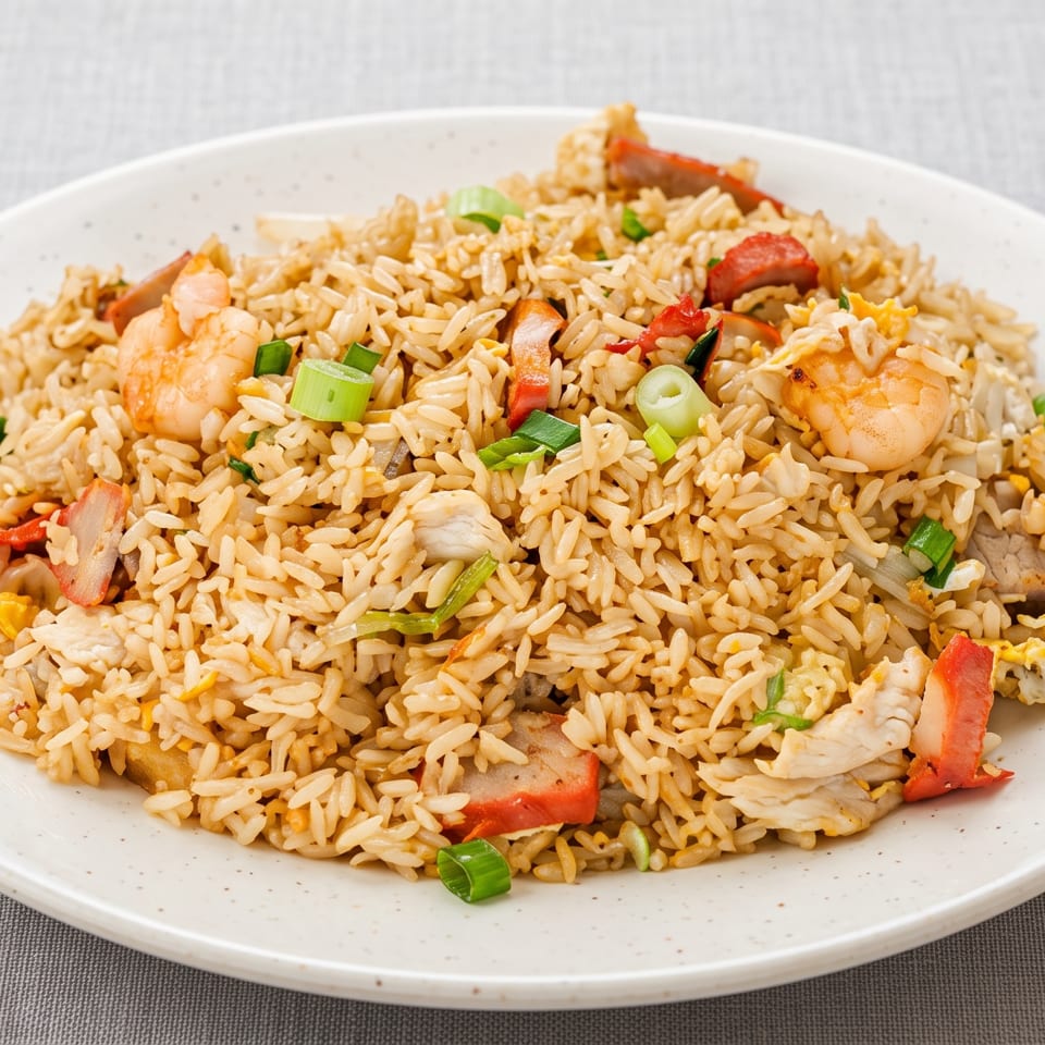 Plate of fried rice with shrimp, chicken, egg, red peppers, and green onions.