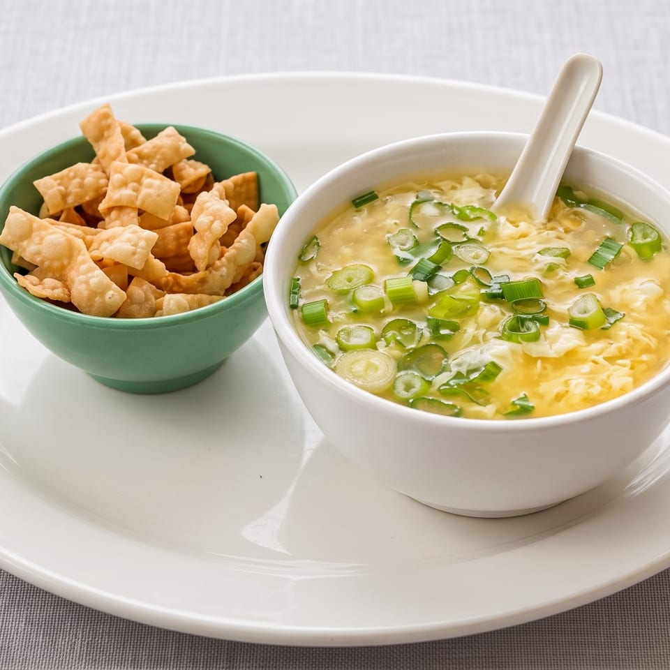Bowl of egg drop soup garnished with green onions, served with crispy wonton strips on a white plate.