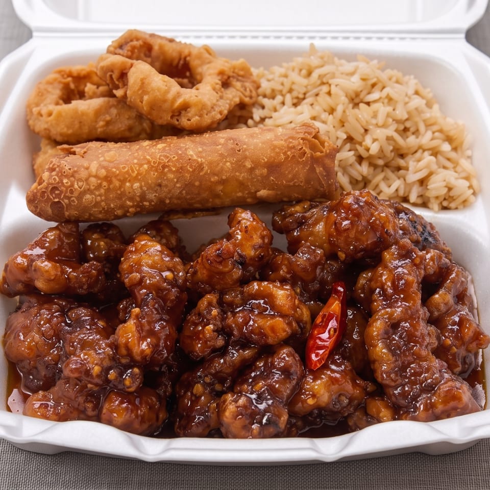 Takeout container filled with glazed fried chicken, crispy spring rolls, and seasoned rice, garnished with a red chili pepper.
