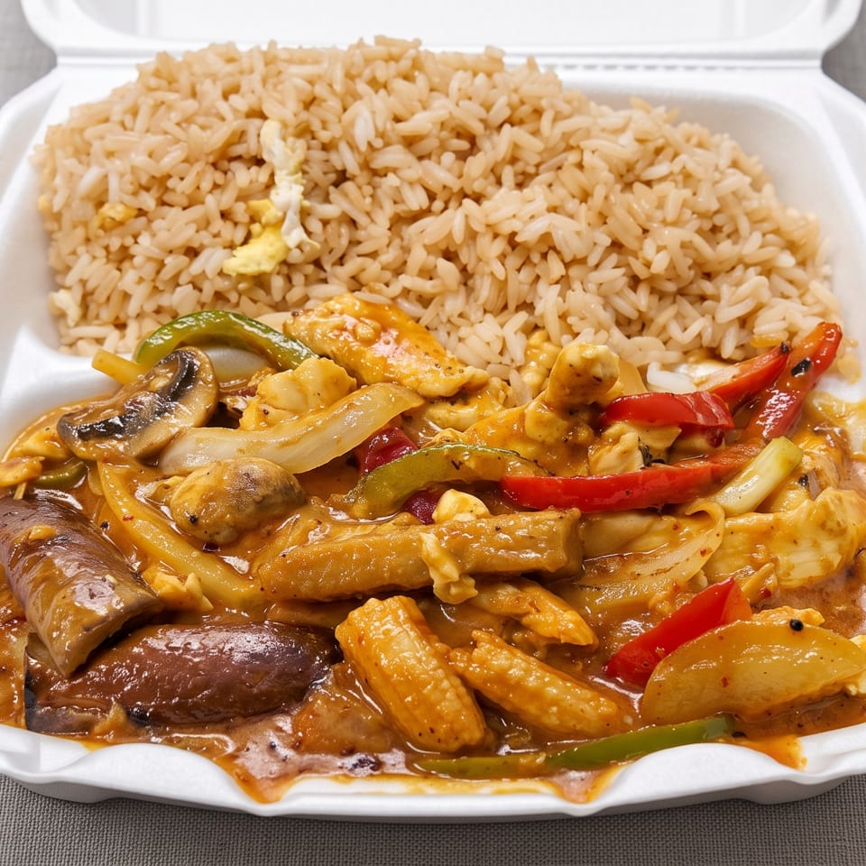 Takeout container filled with fried rice and saucy chicken, mushrooms, onions, baby corn, and red and green peppers.
