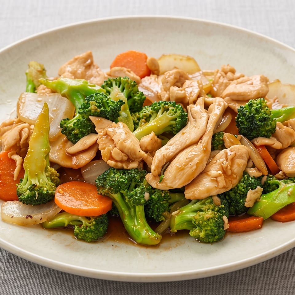 Plate of chicken stir-fry with broccoli, carrots, onions, asparagus, and mushrooms on a white dish.