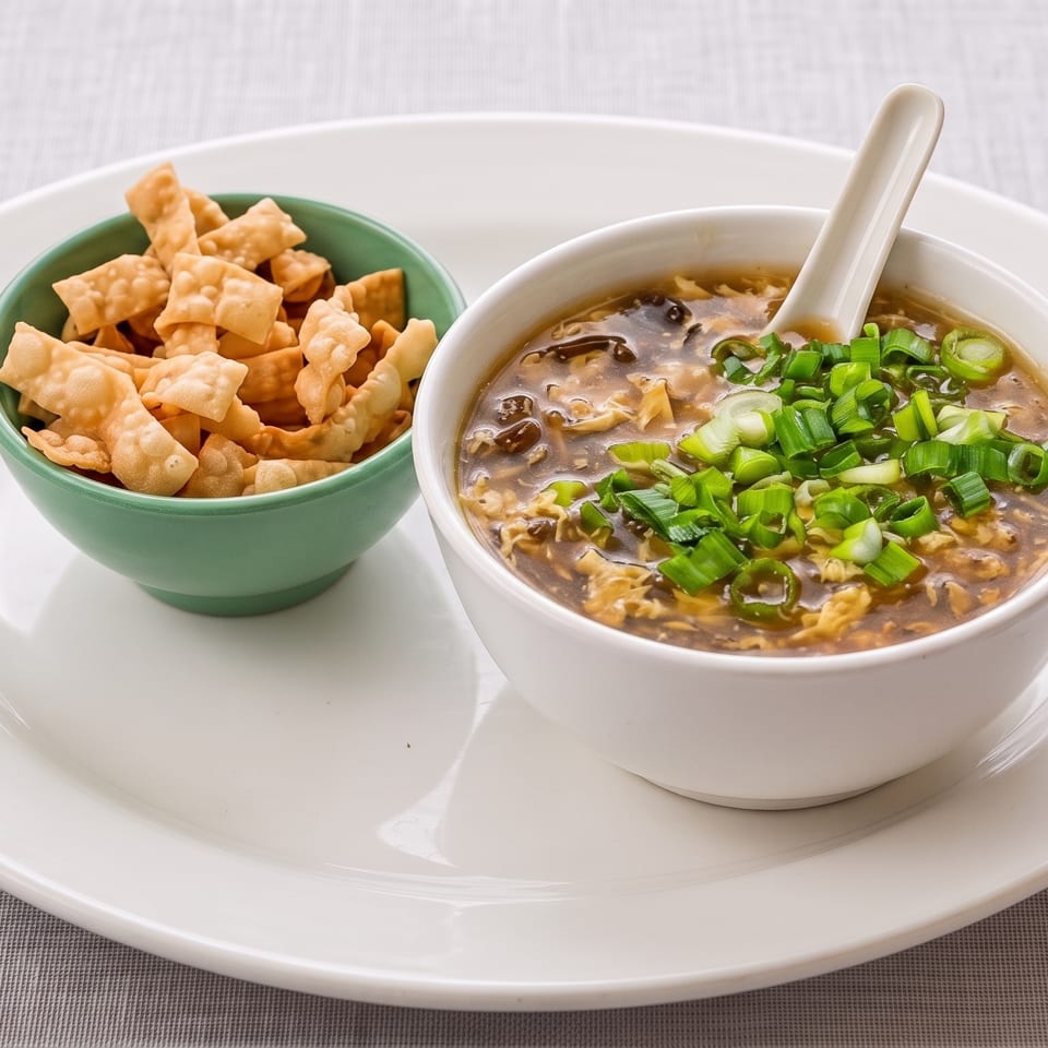 Bowl of Chinese egg drop soup topped with green onions, served with crispy wonton strips on a white plate.