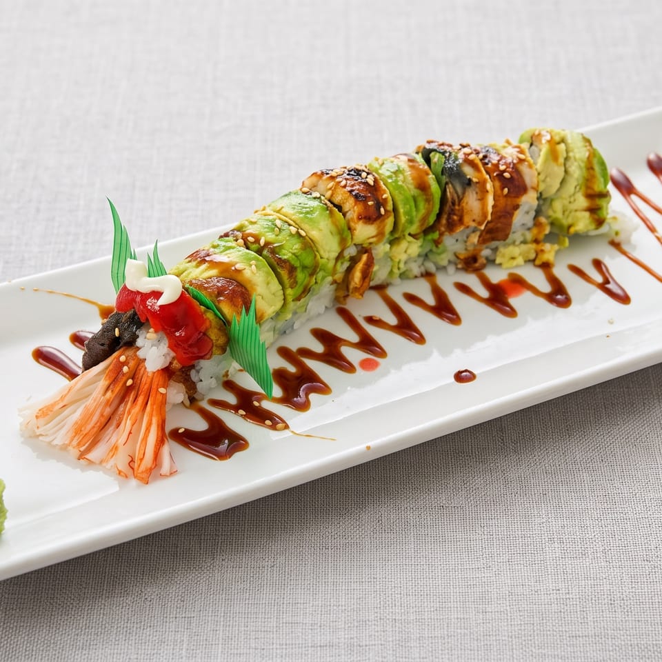 Avocado-topped sushi roll with shrimp, sesame seeds, pickled ginger, wasabi, and decorative sauce on a white platter.