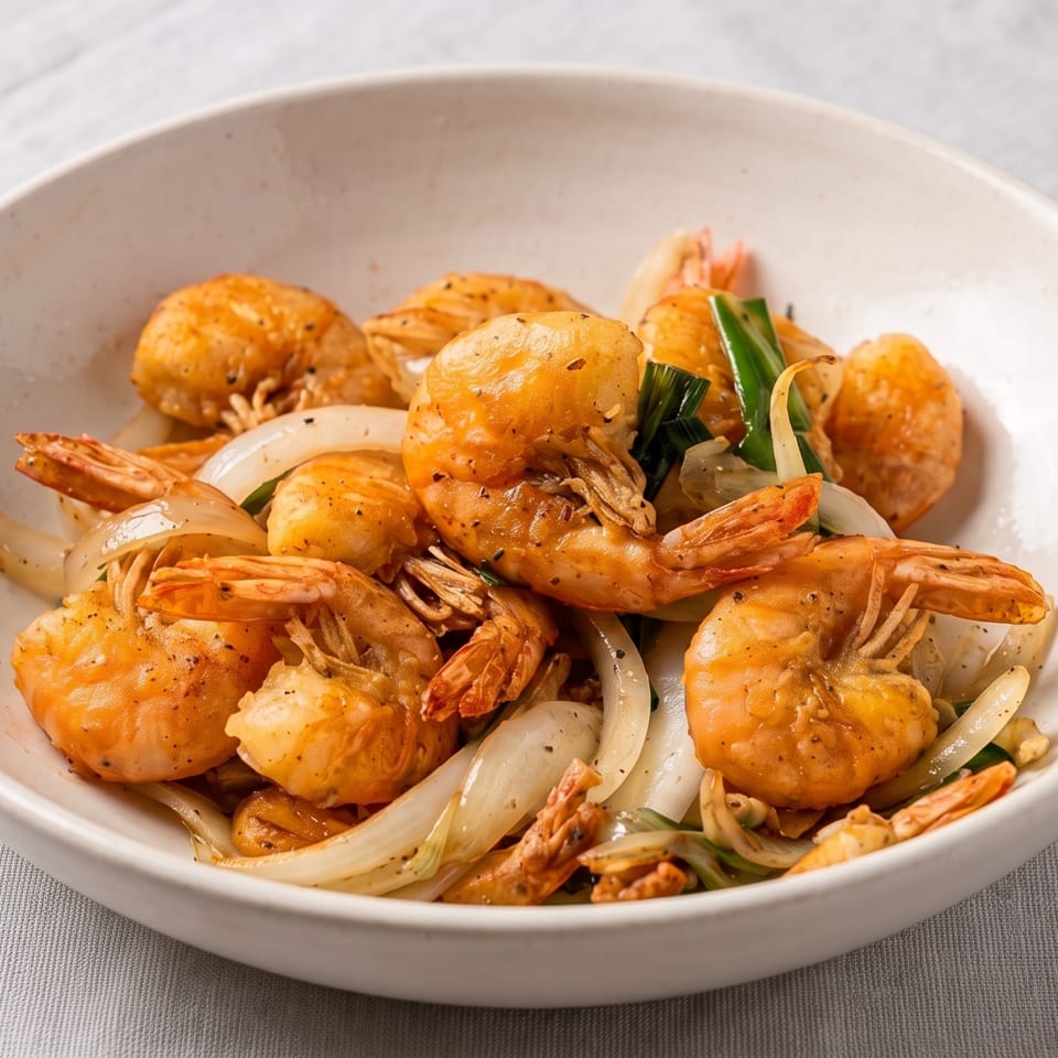 Bowl of seasoned shrimp stir-fried with onions and green onions on a white plate.