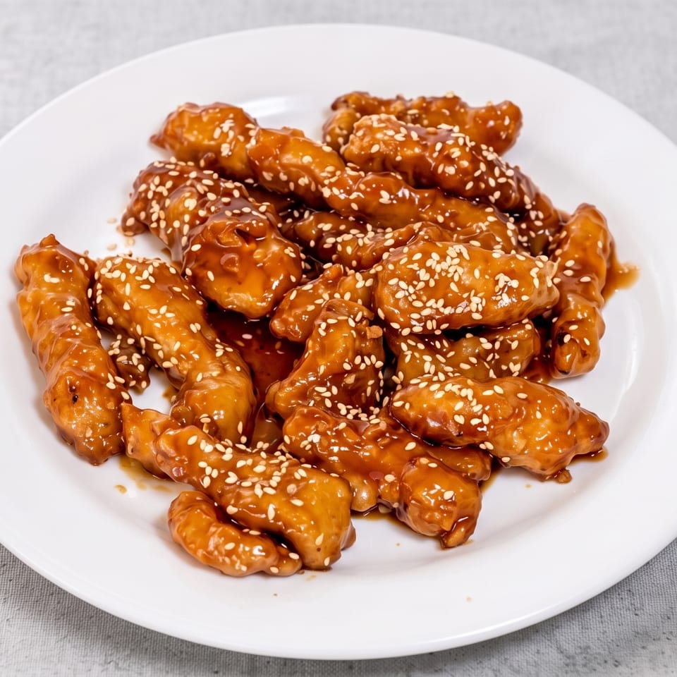Glazed sesame-coated chicken pieces served on a white plate.