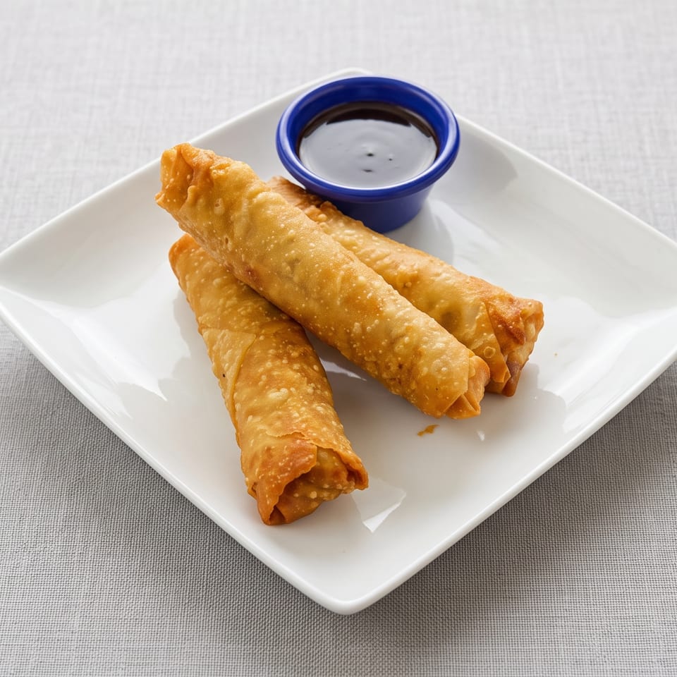 Three golden fried spring rolls arranged on a white plate with a small dish of dark dipping sauce.