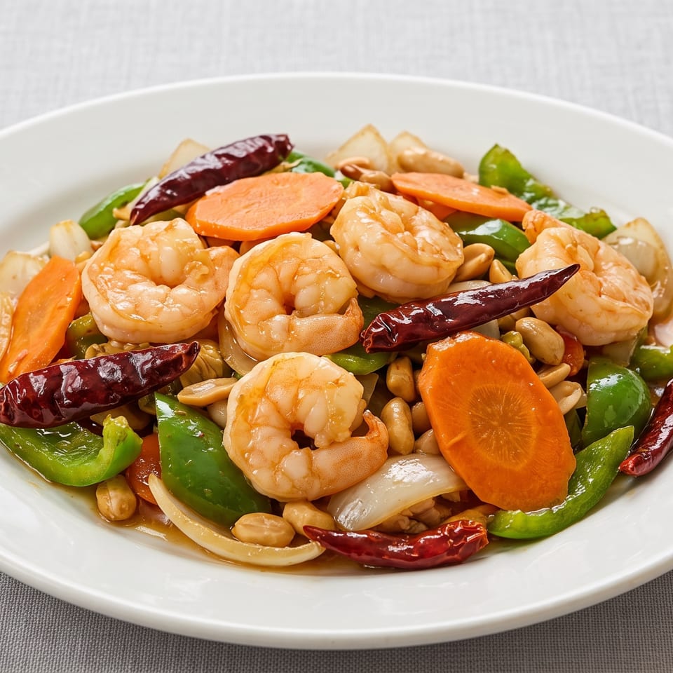 Plate of shrimp stir-fry with carrots, green peppers, onions, peanuts, and dried red chilies.