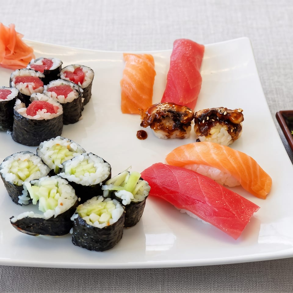 Assorted sushi platter with tuna and cucumber rolls, salmon and tuna nigiri, glazed eel sushi, pickled ginger, and wasabi.