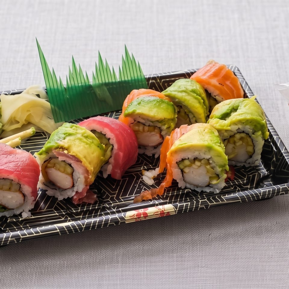 Colorful assorted sushi rolls on a patterned black tray with chopsticks, wasabi, pickled ginger, and a fortune cookie.