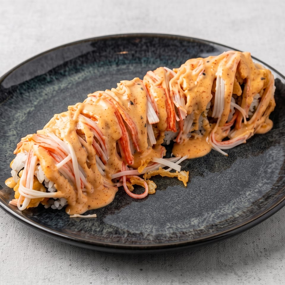 Sushi roll topped with crab sticks, shredded vegetables, and creamy orange sauce on a black ceramic plate.
