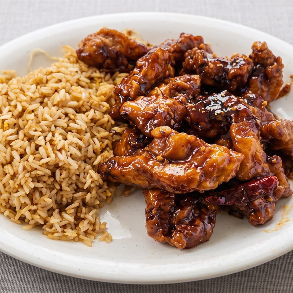 Plate of seasoned rice and glazed barbecue chicken pieces sprinkled with sesame seeds.